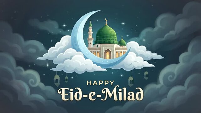 Illustrated Happy Eid-e-Milad message with mosque, crescent moon, and clouds