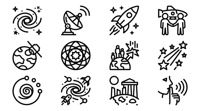 Space Exploration Icons: Galaxies, Rockets, Planets, Astronauts, Satellites, Stars