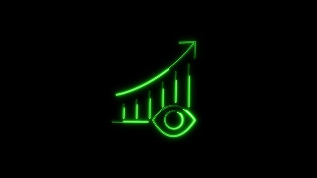 Green neon growing bar chart graph with eye icon loop animation. Best for SE O analytics, target market vision, business monitoring, future prediction, and data tracking trends.