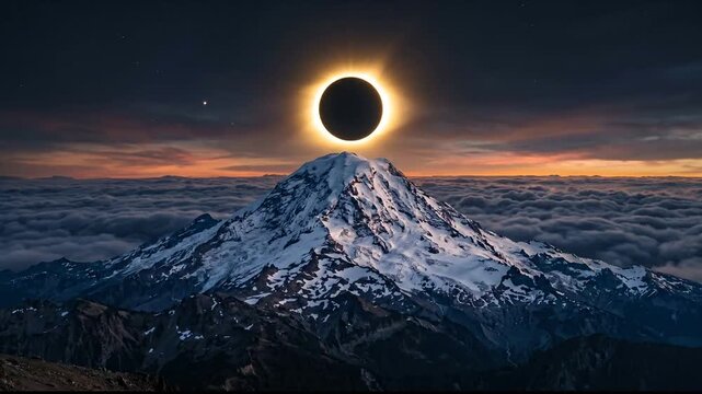 Total solar eclipse appearing above a snow covered mountain peak at sunset