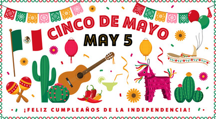 Naklejka premium Feliz Cinco De Mayo May 5 Typography with Mexican Flag, Pinata, Sombrero, Guitar, Cactus, and Lantern Banner for Fiesta Designs