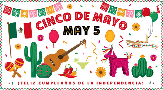 Feliz Cinco De Mayo May 5 Typography with Mexican Flag, Pinata, Sombrero, Guitar, Cactus, and Lantern Banner for Fiesta Designs