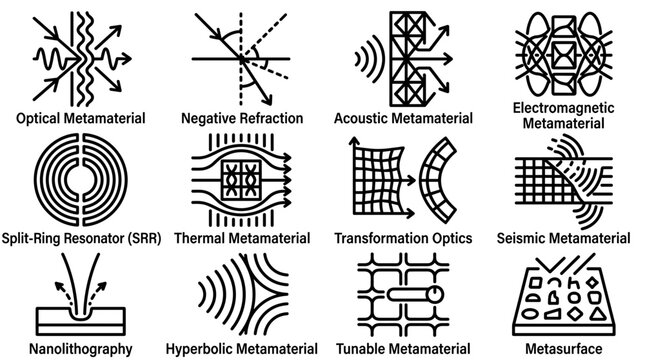 Metamaterials Science Icons: Optics, Acoustics, Electromagnetism, Thermal, Seismic, Lithography