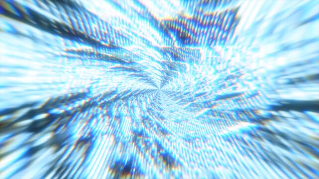 Fast moving futuristic digital noise tunnel. High speed glowing blue and white tech vortex with abstract glitch effect.