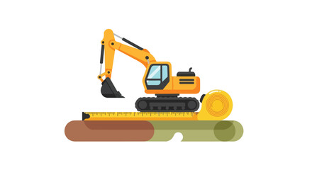 Fototapeta premium A vector illustration of a yellow excavator sitting on a measuring tape and blueprints, symbolizing construction planning and development.