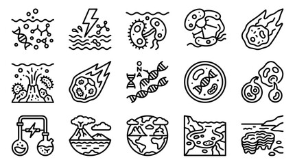 Origin of Life Icons: Evolution, Primordial Soup, DNA, Meteorites, Volcanoes, Cells © Anam