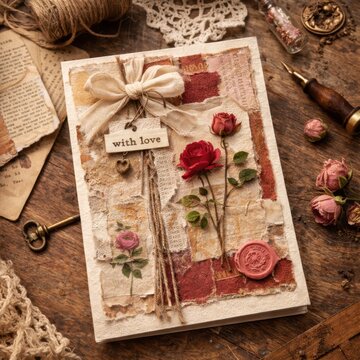 Vintage Handmade Scrapbook Greeting Card With Roses Ribbon And Wax Seal