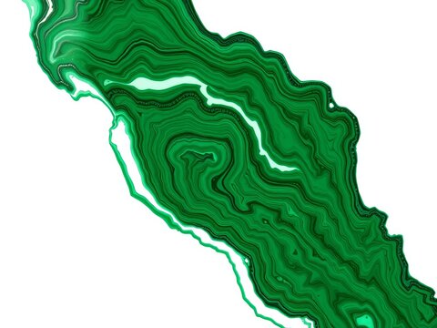 Swirling patterns of green malachite on white background, banded, decorative