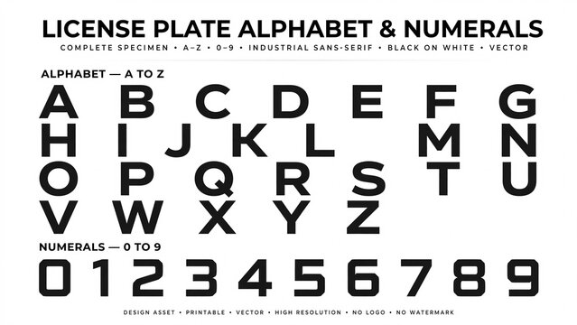 Industrial Sans Serif Alphanumeric Character Set for License Plate Design and Graphic Elements