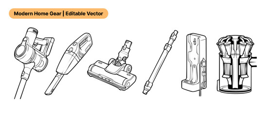 Vacuum cleaner parts vector icon set for modern home cleaning appliance design showing hand-held vacuum, brush nozzle, extension wand, charger dock, and cyclone filter in outline technical line art. © Dinali