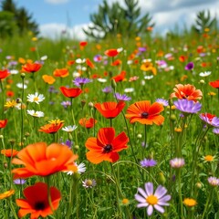 Fototapeta premium Summer wildflower meadow with poppies and cosmos, blue., meadow