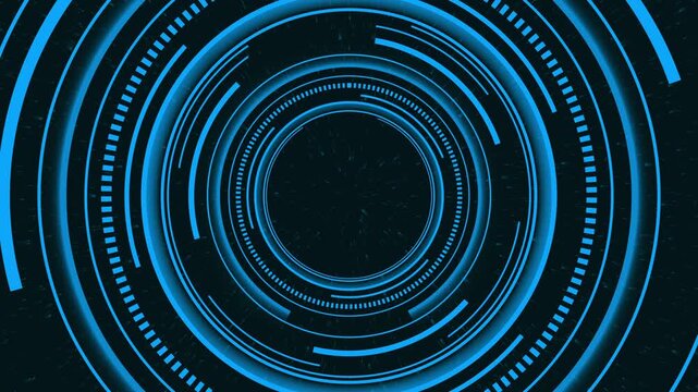 Blue circular tech rings rotating on dark background layout. Technology circular rings symbol for futuristic interface layout. Animated circular rings design loop.