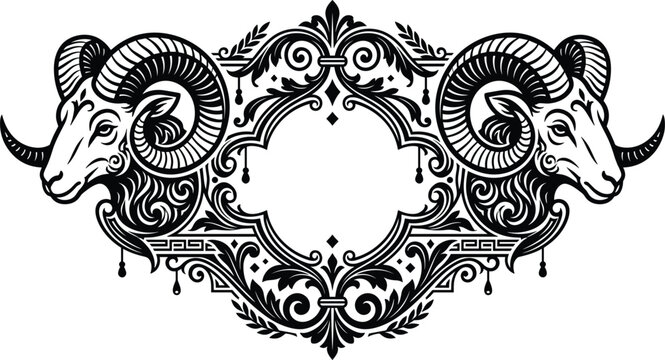 Vintage Baroque Style Frame with Symmetrical Ram Heads and Ornate Floral Scrollwork Border for Luxury Label and Tattoo Designs Vector
