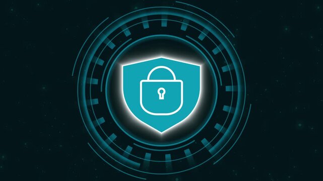 Shield with padlock icon glowing in dark digital interface. Cybersecurity protection shield symbol for network data privacy. Animated shield icon for safe access.