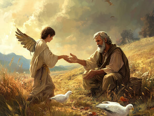 Obraz premium Biblical scene of an angel helping a poor old man