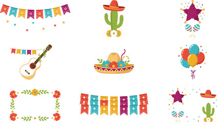 Naklejka premium Mexican Fiesta Party Icon Set with Sombrero, Cactus, Pinata, Guitar, Balloons, and Bunting Banner for Cinco de Mayo Designs