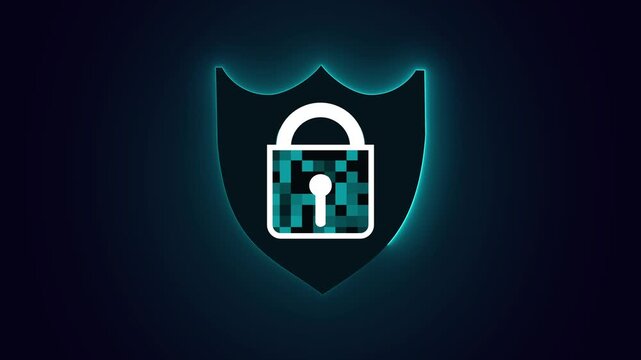 Glowing shield and padlock icon on dark background layout. Cybersecurity protection shield symbol for digital asset defense. Animated shield icon for banking.