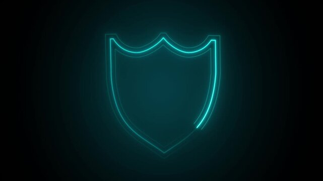 Cyan shield icon outline glowing on dark background layout. Cybersecurity protection shield symbol for digital cloud safety. Animated shield icon for verification.