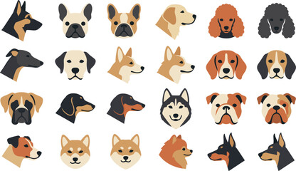 Flat Dog Breed Portrait Icon Set Featuring Shepherd, Bulldog, Corgi, Husky, Poodle, Labrador, and Shiba Inu Avatars for Pet Design Projects Vector © MST