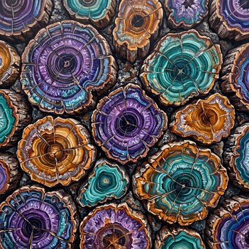 Vibrant abstract painting resembling tree rings or agate stones in purple, teal, and orange, creating a colorful decorative pattern.