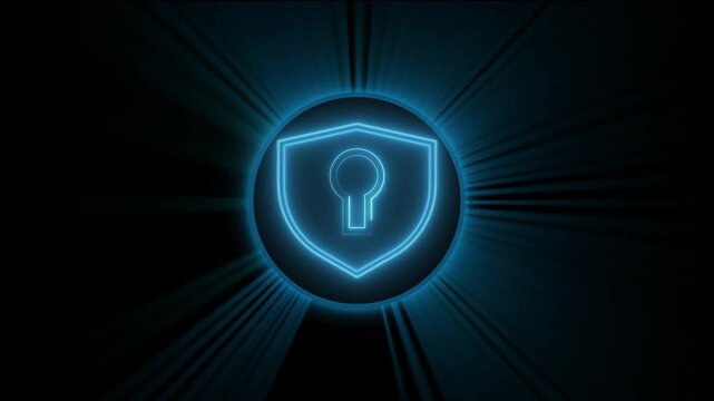 Blue shield icon with keyhole on dark grid background. Cybersecurity protection shield symbol for data encryption privacy. Animated shield icon for verification.