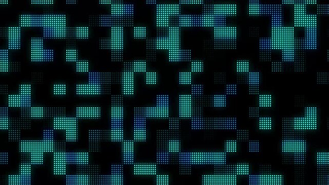 Glowing pixel blocks in blue and green on black background. Digital technology pixel blocks symbol for modern video game screen. Animated pixel blocks loop.