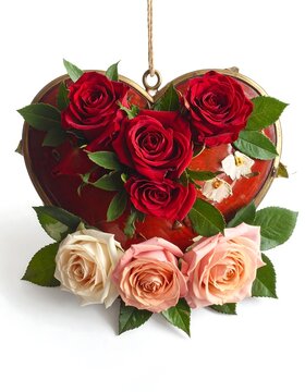 A heart-shaped ornament filled with red and pink roses