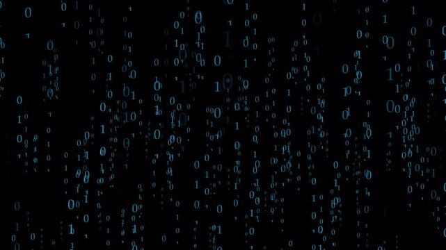Blue binary code digits cascading on black background screen. Computer programming binary code digits symbol for cyber hacking warning. Animated binary code loop.