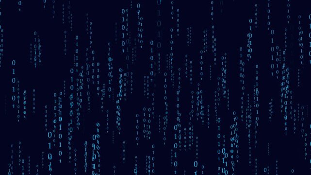 Blue binary numbers falling down on dark background screen. Computer programming binary numbers symbol for software compiler data. Animated binary numbers loop.