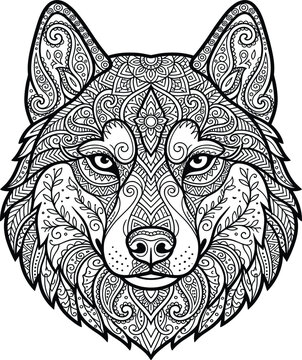 Intricate Mandala Wolf Head Vector Illustration for Adult Coloring Book Pages, Tattoos, and Detailed Bohemian Style Tribal Graphic Designs