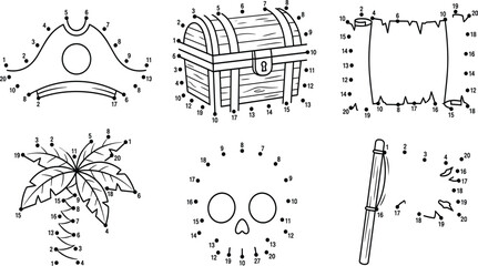 Pirate Theme Dot to Dot Activity Sheet for Kids Featuring Treasure Chest, Hat, Skull, Map, and Palm Tree Vector Worksheet Game