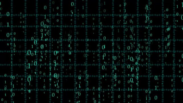 Binary code matrix text falling down on dark grid floor. Computer programming binary code symbol for digital network calculation. Animated binary code loop.