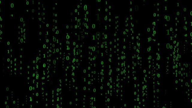 Green binary numbers text falling down on black background screen. Computer programming binary numbers symbol for virtual reality matrix. Animated binary numbers.