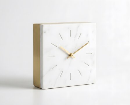 Modern white marble and gold square desk clock isolated on white