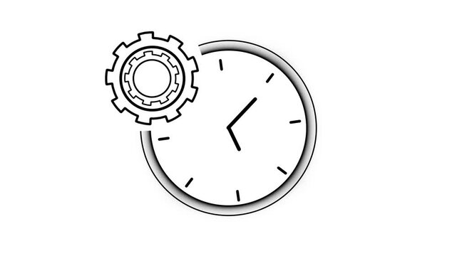 Minimalist time clock watch animation spins hour hands on white backgrounds. Corporate workflow scheduling software uses a minimalist time clock watch animation layout.