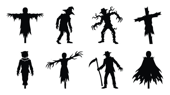 Set of black scarecrow silhouettes for halloween design elements Vector