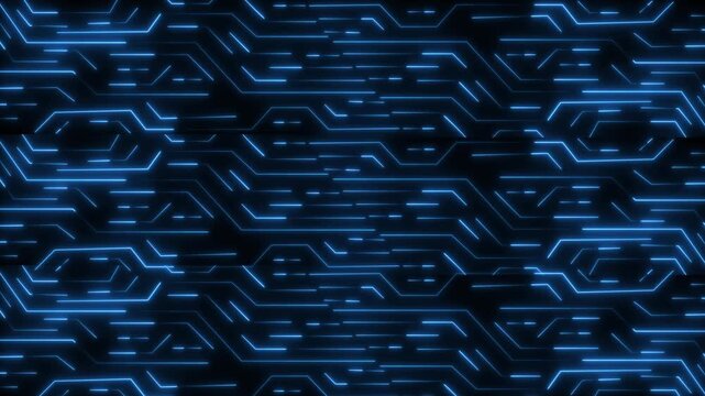 Abstract background animation loops glowing blue neon energy lines on black. Creative digital multimedia production tools require an abstract background animation file.