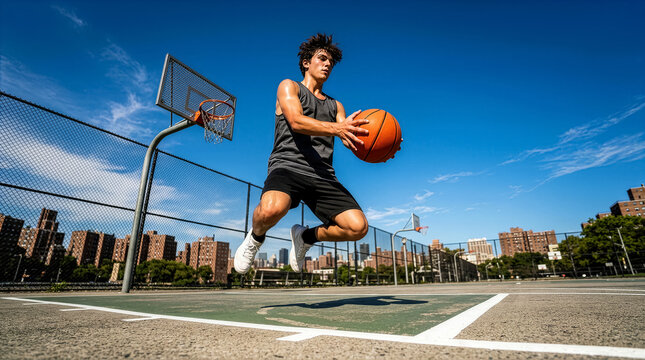 Young man jumps with basketball ready to shoot. Outdoor court located in urban area with buildings in background. Concept of sports, fitness, youth activities