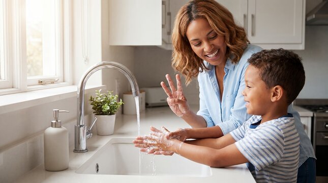 family bath time child hygiene parenting bathroom care mother routine emphasizing safe routines with biracial mother caramel wavy tea family detail shows a mother sharing a gentle child hygiene in a