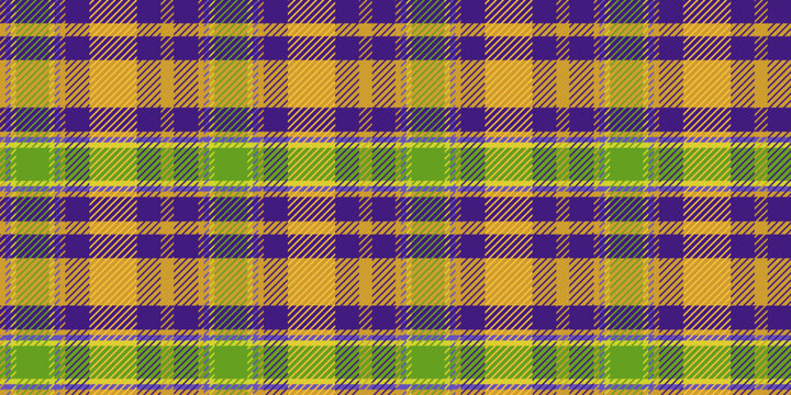 Bright Mardi Gras style plaid with purple, green, and gold intersections for themed costumes and interiors