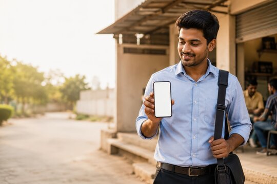 Indian Field Sales Worker Presenting Blank Phone Outside Service Center
