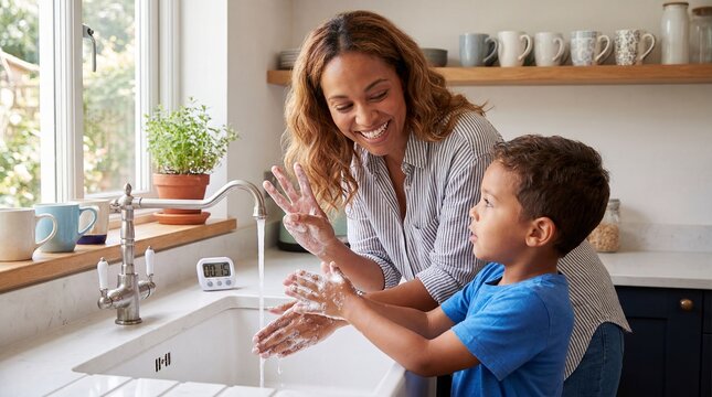 family bath time child hygiene parenting bathroom care mother routine framed around everyday care with biracial mother caramel wavy tea family detail shows a mother sharing a gentle child hygiene in