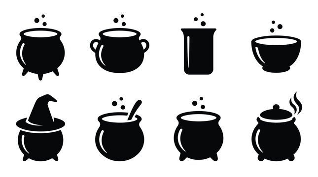 Set of black witch cauldron and magic potion pot icons for halloween design Vector