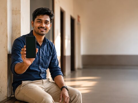 Indian Trainee Holding Blank Dark Smartphone in Coaching Center