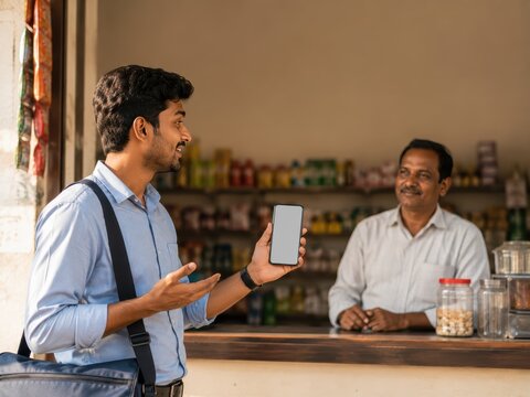 Indian Field Worker Demonstrating Blank Smartphone to Shopkeeper