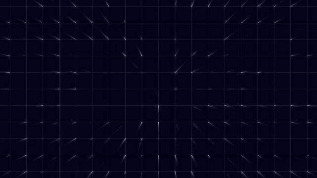 Dark technology grid background with scattered bright light points. Digital grid symbol for computer binary processing core matrix layout. Digital grid animation for technology scifi user.
