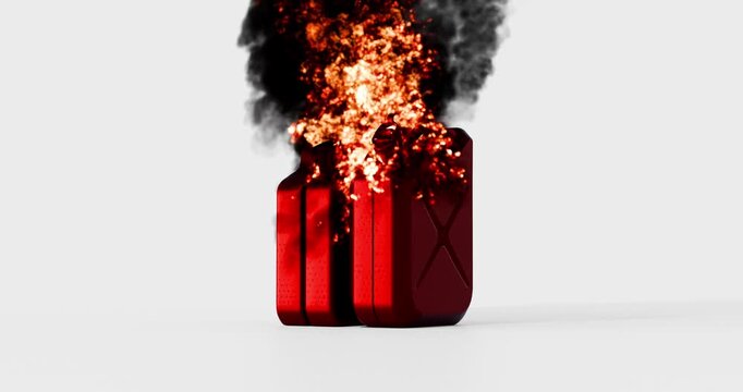 3D animation of red burning jerrycans with bright fire and black smoke on white background