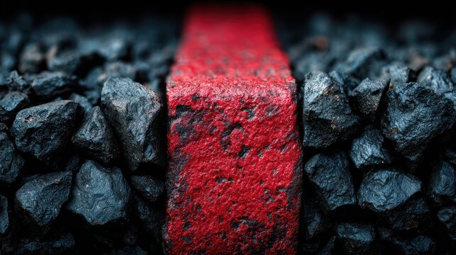 Close-up view reveals a textured red rectangle between dark, irregular, and angular stones
