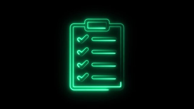Glowing Neon Checklist Sign Clipboard Concept, 4k video