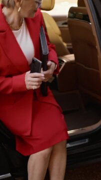 Vertical video of chauffeur in gloves opening luxury car door for senior Caucasian businesswoman entering vehicle. Ideal for luxury transport services and executive lifestyle marketing